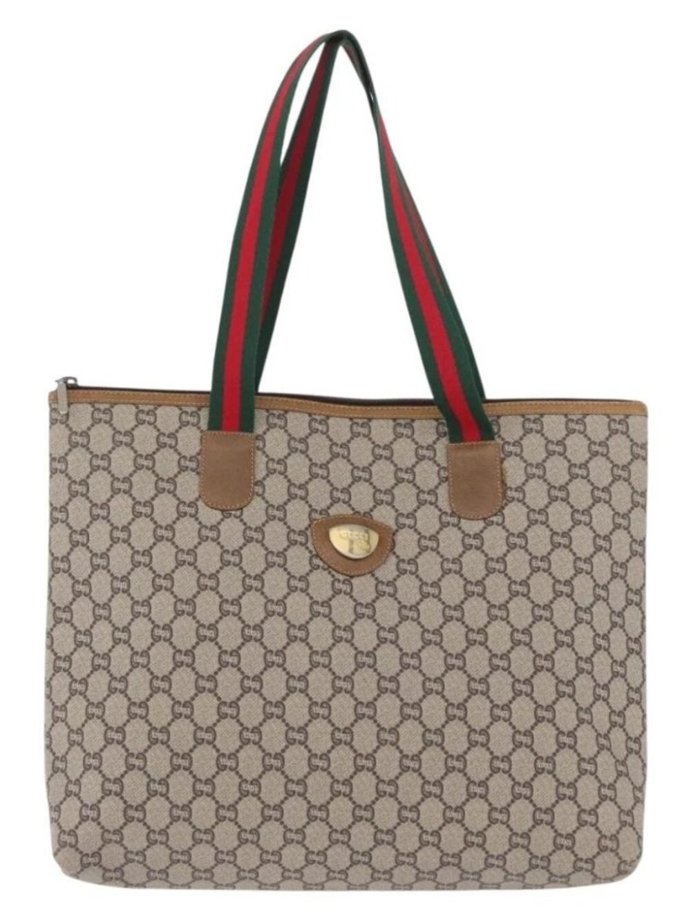 GUCCI GG Plus Supreme Web Sherry Line Tote Bag PVC Beige Red Green Auth 173818 - Picture 2 of 15